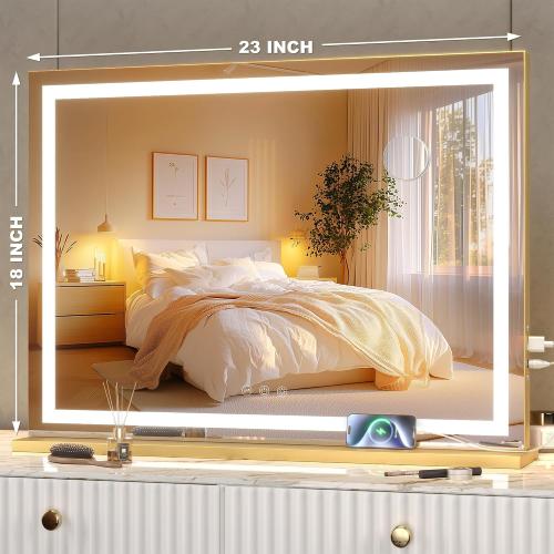 Hasipu Vanity Mirror with Lights, 23 x 18 LED Makeup Mirror, Lighted Makeup Mirror with Dimmable 3 Modes, Touch Screen Control Vanity Mirror Square Gold