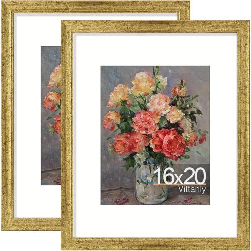 Vittanly 16x20 Poster Frames Set of 2, Vintage Photo Frames, Rustic Gold | Display 11x14 Pictures with Mat or 16x20 without Mat, Rustic Frames with Plexiglass, Farmhouse Home Decor for Wall Mounting