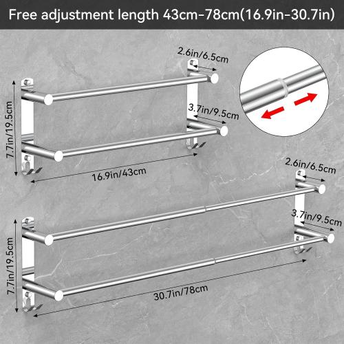 Adjustable Towel Bar for Bathroom Wall Mount17-30.7inch Adhesive Shower Towel Rack Stainless Steel Bath Towel Holders for Toilet Kitchen Double Towel Hanger (2 Layer) maybe missing pieces