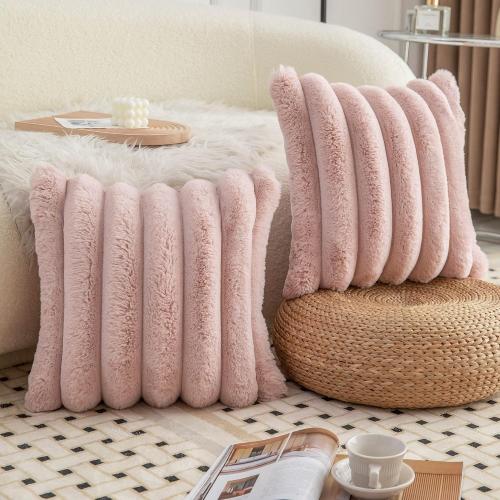 Neelvin Pink Faux Fur Cozy Soft Striped Decorative Throw Pillow Covers 18x18 inch Set of 2,Velvet Pillowcase Cushion Case for Sofa Couch