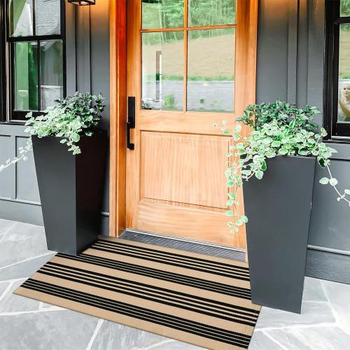 KIMODE Fall Front Door Mat 24x51, Black and Khaki Striped Layered Door Mat Outdoor, Washable Farmhouse Front Porch Rug Halloween Thanksgiving Decorations, Cotton Hand Woven Entryway Rug