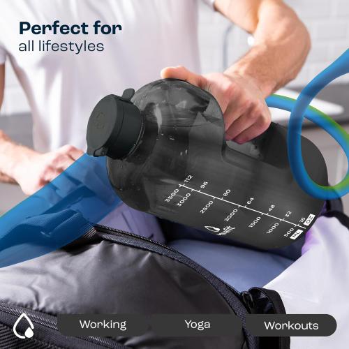 Size 1 gallon Color Grey  AQUAFiT 1 Gallon Water Bottle with Time Marker - Straw & Chug Lid - BPA Free Gym Water Bottle with Straw - Big Gallon Jug (Gray, 128 oz - 2 Lids)