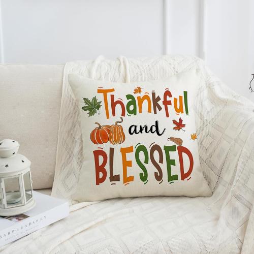 Thanksgiving Turkey Pumpkin Throw Pillow Covers 18 x 18 Set of 4 Give Thanks Cushion Case for Autumn Home Outdoor Sofa Couch Decorations