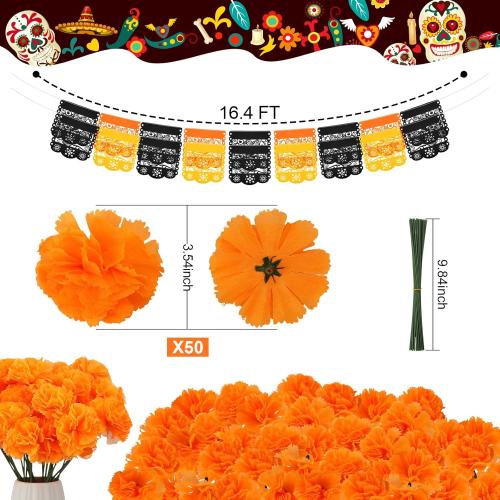 Riceshoot 52 Pieces Day of the Dead Decorations Set Fiesta Artificial Marigold Flower Heads with Stems Monarch Butterfly Felt Mexican Party Banner for Dia De Los Muertos Altar Diwali Decor