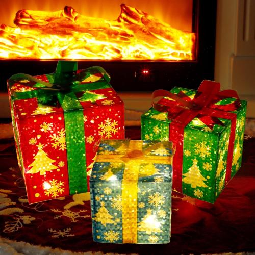 Set of 3 Christmas Lighted Gift Boxes Decorations, Light up Present Box with Snowflake, Perfect for Christmas Tree Home Indoor Outdoor Holiday Party Decor
