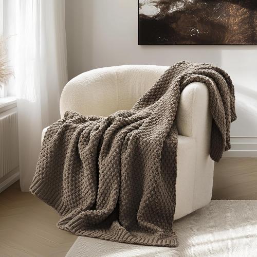 EVERGRACEHOME Chunky Chenille Knit Throw Blanket for Couch, Soft Luxurious Moss Stitch Blankets for Bed, Cozy Decorative Farmhouse Knitted Throws for Sofa, Mocha Brown, 60 x 80