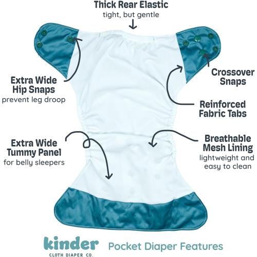 Kinder Cloth Diapers Set of 5 Reusable Baby Diapers Pocket Style Athletic Wicking Jersey, Bamboo Viscose Inserts, Wet Bag, Newborn to Potty Training 7-60lbs, One Si