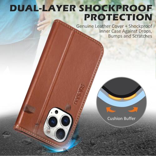SHIELDON Case for iPhone 15 Pro Max 6.7, Genuine Leather Wallet Flip Magnetic Cover RFID Blocking Credit Card Holder Kickstand TPU Shockproof Case Compatible with iPhone 15 Pro Max 5G - Retro Brown