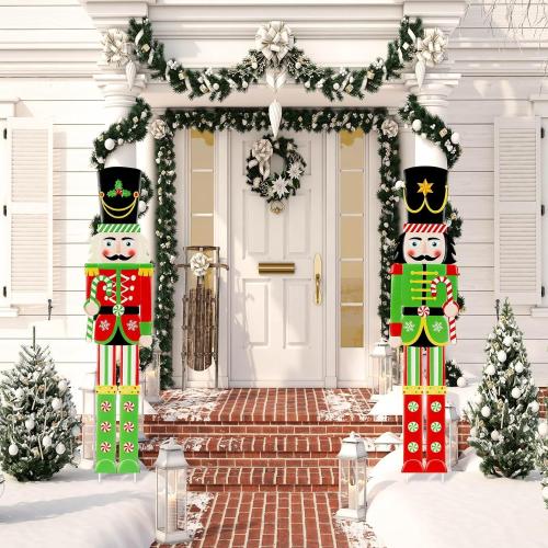 Gisafai 2 Pcs 5ft Large Metal Christmas Nutcracker Outdoor Decoration, Giant Nutcracker Yard Sign with Stakes, Christmas Yard Decor for Garden Pathway Lawn Walkway Holiday Party