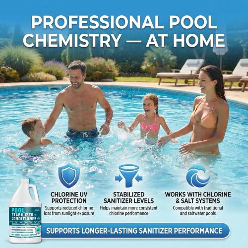 BubbyShine, Pool Stabilizer - Cyanuric Acid Pool Stabilizer, Liquid Chlorine Stabilizer for Pool Chemicals, Swimming Pool Conditioner Stabilizer, for Salt Pool & Chlorine, 1 Gallon