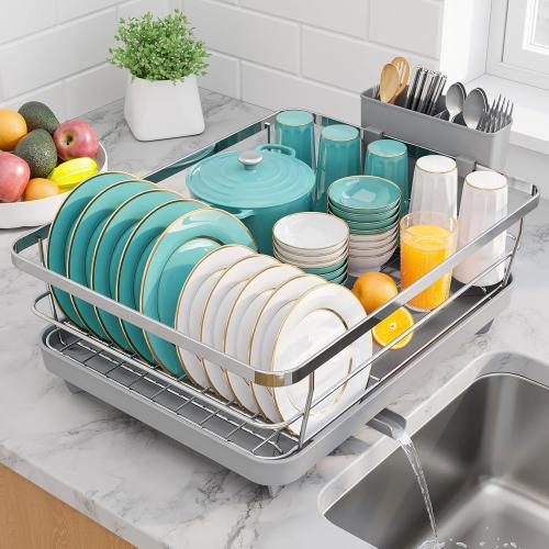 Stainless Steel Dish Drying Rack for Kitchen Counter, Sink Organization and Storage Essentials with Silverware & Utensil Holder, Home and Apartment Decor, 12''W x 15.5''L, Silver