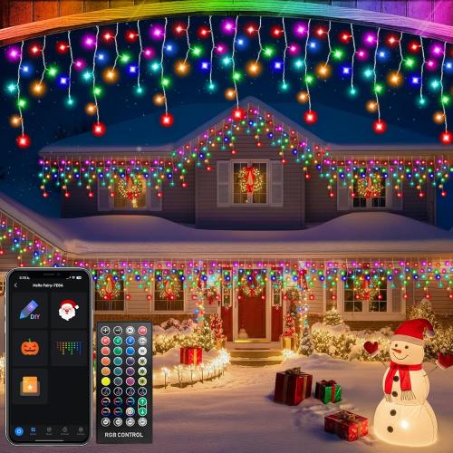 33FT Smart RGB Christmas Icicle Lights – APP Control LED String Lights for Outside, Music Sync, DIY Color Changing, 58  Modes, Connect 3 Strands (99FT) – Waterproof Icicle for Roof, Tree, House