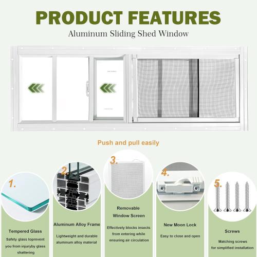2 Pack Sliding Shed Windows 10x18, White | Transom Window with Tempered Glass and Removable Fiberglass Screen, Suitable for Chicken Coop, shed, Household, Barn
