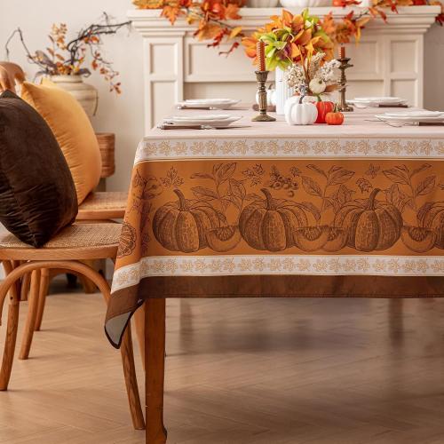 Romanstile Fall Rectangle Tablecloth 60 x 84 Inch, Thanksgiving Autumn Harvest Pumpkin Table Cloth, Stain Resistant Washable Table Cover for Dining, Party, Holiday Decor - Orange and Beige