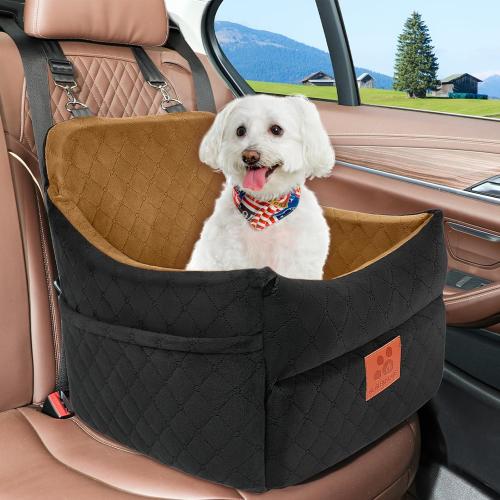 Dog Car Seat for Small/Medium Dogs, Dog Booster Car Seats with Thick Cushion for Dogs Under 35lbs, Detachable Washable Pet Carseat with Storage Pockets, 2 Safety Belts(Black/Coffee)