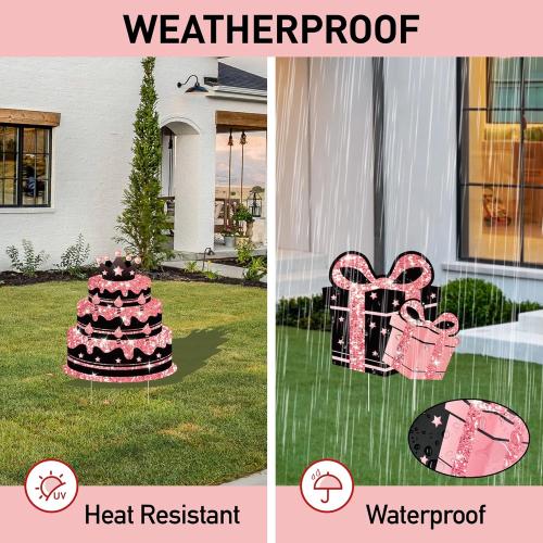 60th Birthday Decorations for Women - 7 Pcs Black & Pink 60th Birthday Yard Signs, 2 Pcs LED Lights, Sparkling at Night, Weatherproof, Perfect Happy Birthday Lawn Decorations for Women