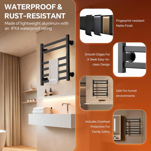 Electric Towel Warmer Wall Mounted, 6 Bar Heated Towel Rack with Intelligent Timer & Temp Control, Plug-in/Hardwire, Left and Right Compatible