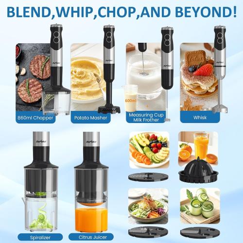 1000W Professional Hand Blender, 12-Speed Heavy Duty Immersion Blender with 10 Attachments, 20OZ Food Chopper, Stainless Steel Whisk, Milk Frother for Commercial Use