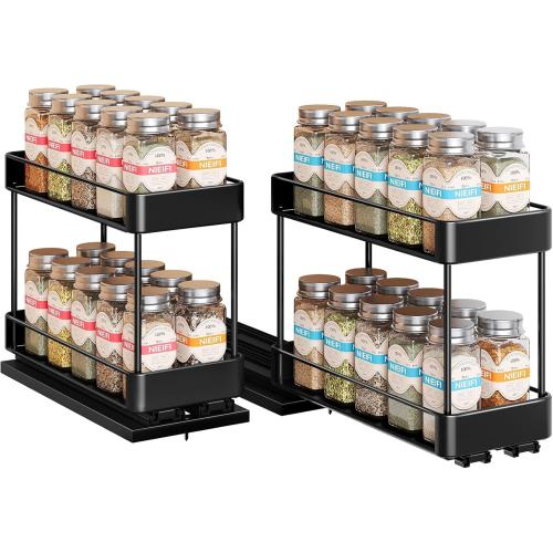 Nieifi Spice Rack Organizer for Cabinet, Vertical Spice Rack Pull Out, Easy to Install, Metal, 4.1''Wx10.35''Dx8.4''H, 2 Pack, 2 Tiers(Black)