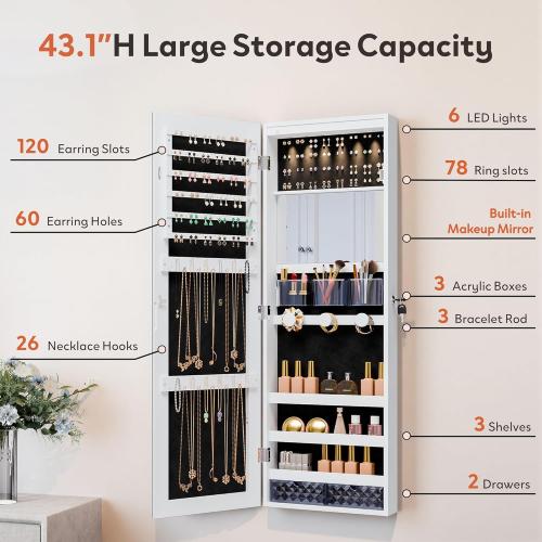 Unisakey Mirror Jewelry Cabinet,Lockable Wall or Door Mounted Jewelry Armoire Organizer With Built-up Mirror,LED Lights, Drawers,Cosmetic Trays,Shelves, 14.4x3.15x 43.1（White）
