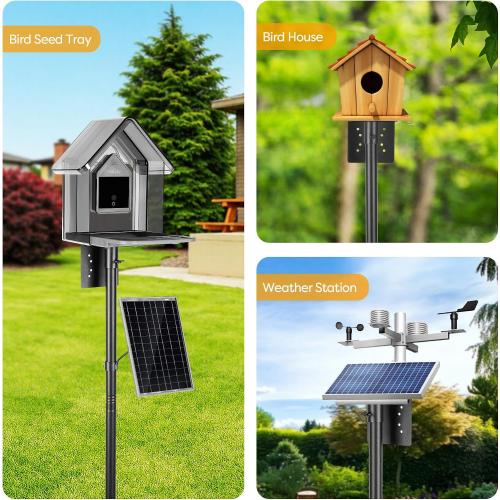 Bird House Pole Kit, Heavy-Duty Adjustable Pole for Outdoors with 5 Prongs Base,Metal Universal Support Pole for Bird Feeders,Solar Pannel,Black