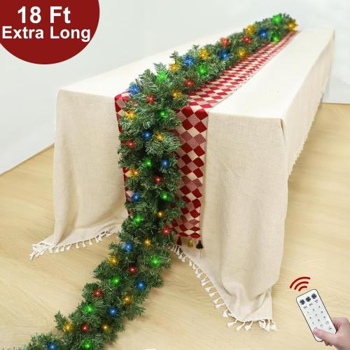 Remote Control 18 Ft Extra Long Prelit Christmas Garland Outdoor 100 Warm White & Multicolor Light 12 Mode Timer Real Touch Cedar Garland Battery Operated 600 Branch Christmas Decoration Stairs Mantle