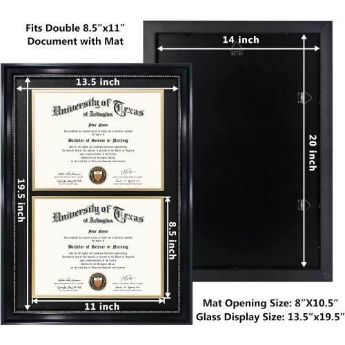 GraduationMall 14x20 Double Diploma Frame, Display 8.5x11 Certificate with Black over Gold Mat,UV Protection Acrylic,Black with Silver Beads