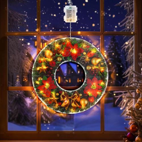 2 Pack PVC Christmas Wreath Decor with Lights, Battery Operated Lighted Christmas Wreath Decorations for Indoor and Outdoor, IP44 Waterproof Xmas Decor for Window, Door and Wall (16 Inch)