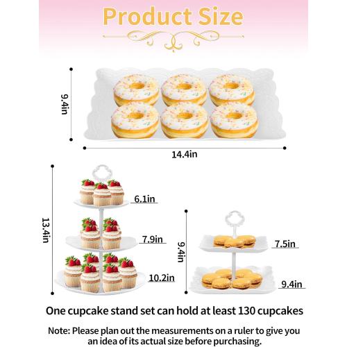 9Pcs Cupcake Stand White Plastic Cake Stand Dessert Table Stands Set 3Tier 2Tiered Cupcake Tower Stand Treat Display Holder Cookie Candy Serving Tray Dessert Trays for Wedding Baby Shower Tea Party