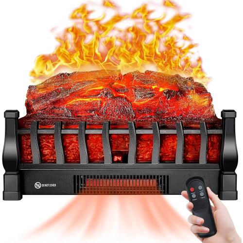Electric Fireplace Logs Inserts Heater with Infrared Remote Controller 5 Flame Brightness 24 H Timer Overheating Protection for Home and Office Decor Black