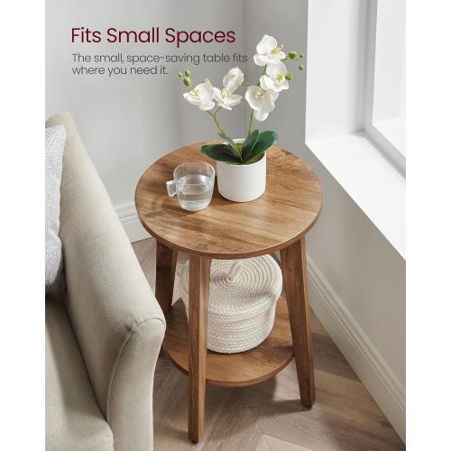VASAGLE MAEZO Collection - Side Table, 2-Tier Small Round End Table, Nightstand with Tapered Legs, Curved Transitions, for Small Spaces, Living Room, Bedroom, Rustic Walnut ULET283T41