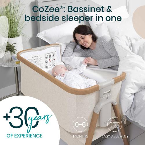 Tutti Bambini CoZee® 2-in-1 Baby Bassinet & Bedside Sleeper - Fast-Folding Bedside Bassinet, Baby Crib with 6 Mattress Heights & Breathable Mesh Window, Mattress Included, 0-6 Months (Walnut & Ecru)‼️light use‼️