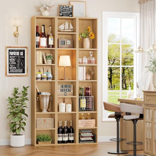 FOTOSOK 8-Tier Media Tower Rack, 11.6 X 9.3 X 71 Inches CD DVD Slim Storage Cabinet with Adjustable Shelves, Tall Narrow Bookcase Display Bookshelf for Home Office, Natural