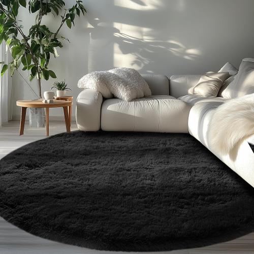 Round Area Rug 8Ft Black: Circle Black Rugs for Living Room- Fluffy Soft Round Rug- Shag Plush Carpet for Bedroom, 8x8 Feet
