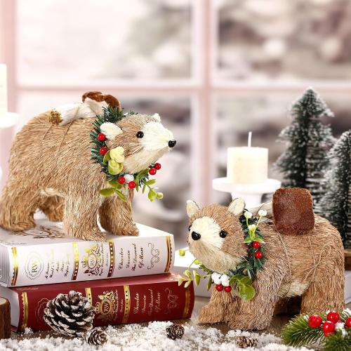 Chalyna 2 Pack Christmas Sisal Polar Bear Tabletop Decor, 9 x 6 In Polar Bear Figurine Woodland Christmas Decor Rustic Farmhouse Animals Ornament for Home Table Office Forest Mantle Seasonal Xmas Gift