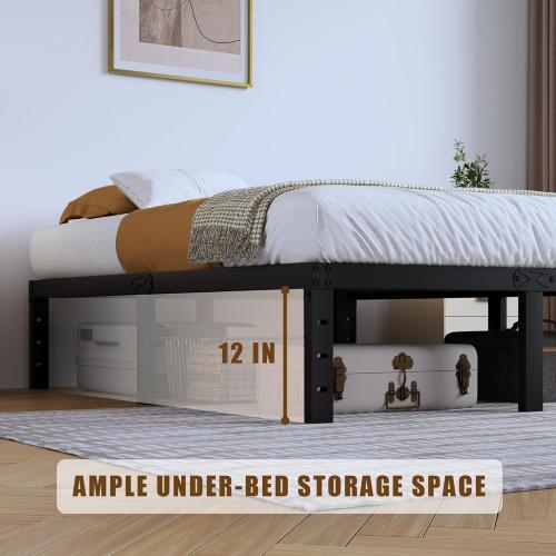 Full Metal Bed Frame - 14 Inch Tall Heavy Duty Bedframe Black Basic Steel Slats Platform No Box Spring Needed/Easy Assembly/Noise Free