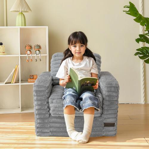MAXYOYO Kids Bean Bag Chair, Comfy Faux Fur Bean Bag Sofa with Filler, Upholstered Floor Sofa with Pillows and Armrests, Lazy Floor Chair Couch for Boys and Girls, Grey