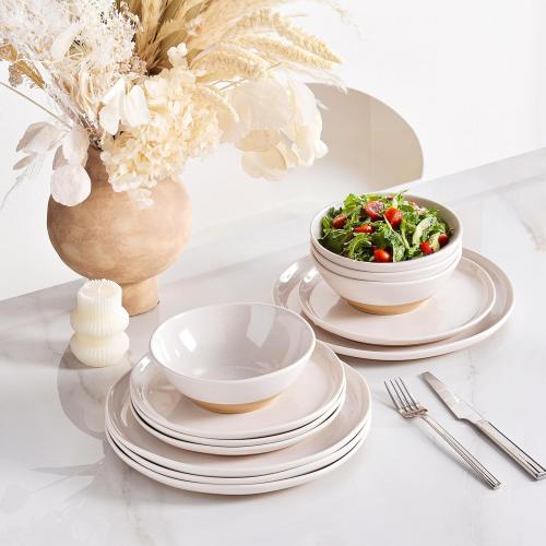 Sets of 12 FINE&NICE Melamine Dinnerware Sets of 12 Pcs, Unbreakable Plates and Bowls Set for 4, Dinner Dishes Set for for Patio, RV and Camping, Dishwasher Safe (White with Brown)