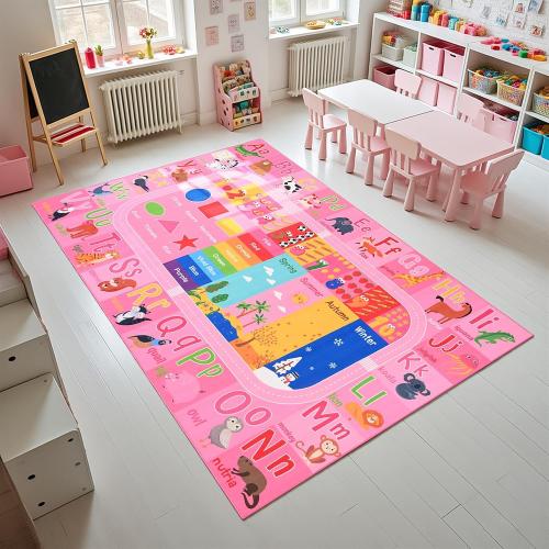 Pink Kids Rug for Playroom Classroom, ABC Alphabet Numbers Play Toddlers Rugs, Learning Educational Bedroom Floor Mat, Washable Baby Carpet for Girls Room, Nursery, Preschool, Daycare