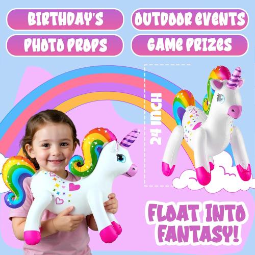 Inflatable Unicorn Party Decorations - (Pack of 4) 24 Inch - Large Blow Up Rainbow Unicorns for Unicorn Birthday Decorations, Party Decor, Balloons, Pool Fun, and Party Favors Supplies