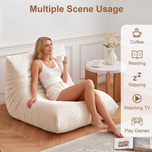 Bean Bag Chair for Adults - Large Bean Bag Chairs with Lumbar Pillow, Oversized Corduroy Memory Foam Boneless Chair with High-Rebound, Lazy Floor Sofa for Reading Gaming Living Room Bedroom, Beige