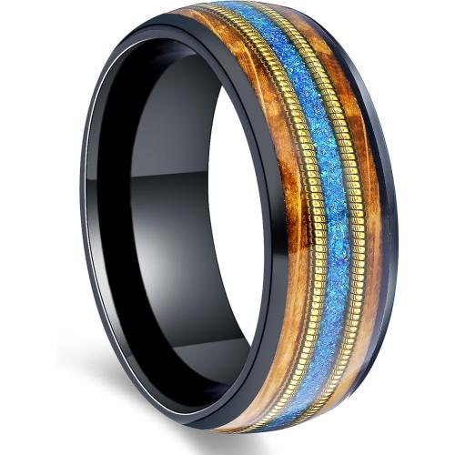 8mm Tungsten Rings for Men Black/Rose Gold Plated Men's Wedding Promise Bands with Meteorite/Dinosaur Bone/Opal/Wood/Guitar String Inlaid Hammer/Domed Polished Comfort Fit Size 7-14