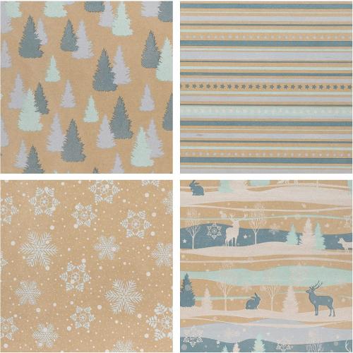 RUSPEPA Christmas Wrapping Paper, Kraft Paper - Reindeer, Stripe and Snowflakes in Blue Design - 4 Rolls - 30 inches x 10 feet per Roll