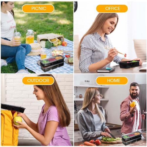 Hushee 10 Pack 17 oz Small Meal Prep Containers with 3 Compartments Snack Containers with Lid Disposable Plastic Bento Box Travel Lunch Food Boxes Stackable for Office Picnic (Black)