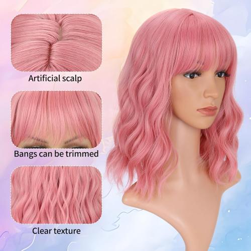 14 Pink VCKOVCKO 14Inches Loose Wave Bob Wig Wavy Pink Bob Wig with Air Bang Curly Hair Wigs Synthetic Cosplay Party Wigs for Women (14Inches,Solid Pink)