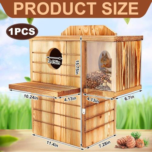 2in1 Large Squirrel Family House with Feeder and Predator Guard for Outside with Multi Platform Wooden Squirrel Nesting Box for Breeding Living, Year-Round Shelter and Nesting Place