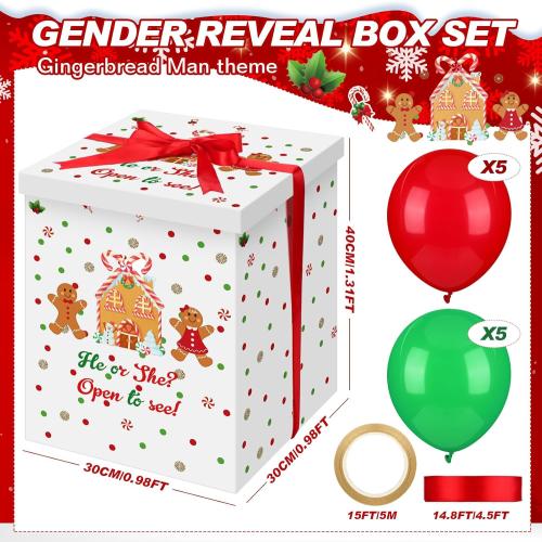 Hungdao Gender Reveal Balloon Box with Ribbon and 10 Pink and Blue Balloons Gender Reveal Games He or She Open to See for Party Decoration 12 x12 x16 (Gingerbread)