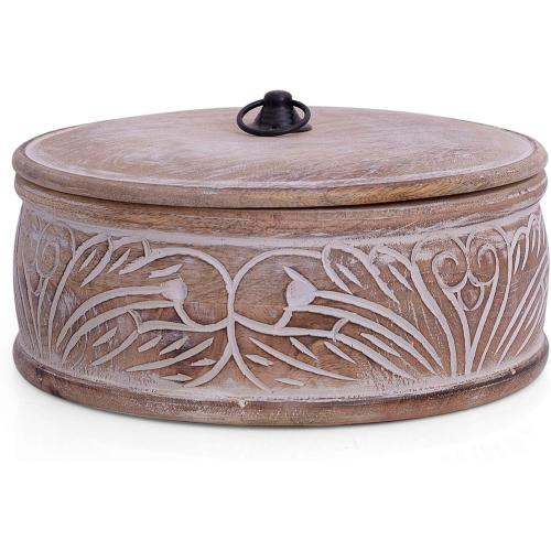 Handcrafted Wooden Mexican Tortilla Warmer Basket Indian Chapati Roti Bread Holder Box Pancake Keeper Serveware Hot Pot Casserole Dish With Lid Home Kitchen Dining Decor, Natural Brown, 9 x 3.5 Inches