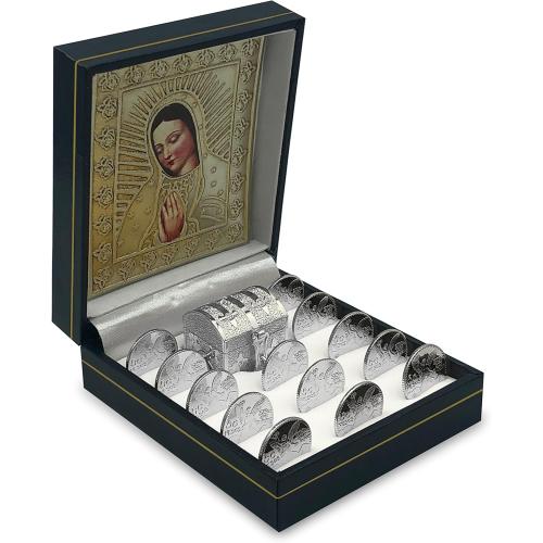 EHV Silver Plated Wedding Unity Coins with Decorative Display Case, Treasure Box, and Silver Platter, Classic Arras Ceremony Souvenirs, Beautiful Confirmation Gift Set (Virgen Busto)