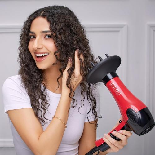 KISS 1875 Watt Pro Tourmaline Ceramic Hair Dryer, Styling Edition, 3 Heat Settings, 2 Speed Settings, Cool Shot Button, 7 Blow Dryer Accessories Included, 2-Year Warranty - Red